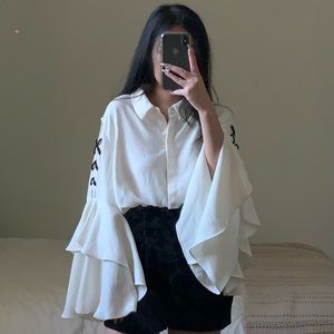 Tie shoulder flute ruffle sleeve button up blouse